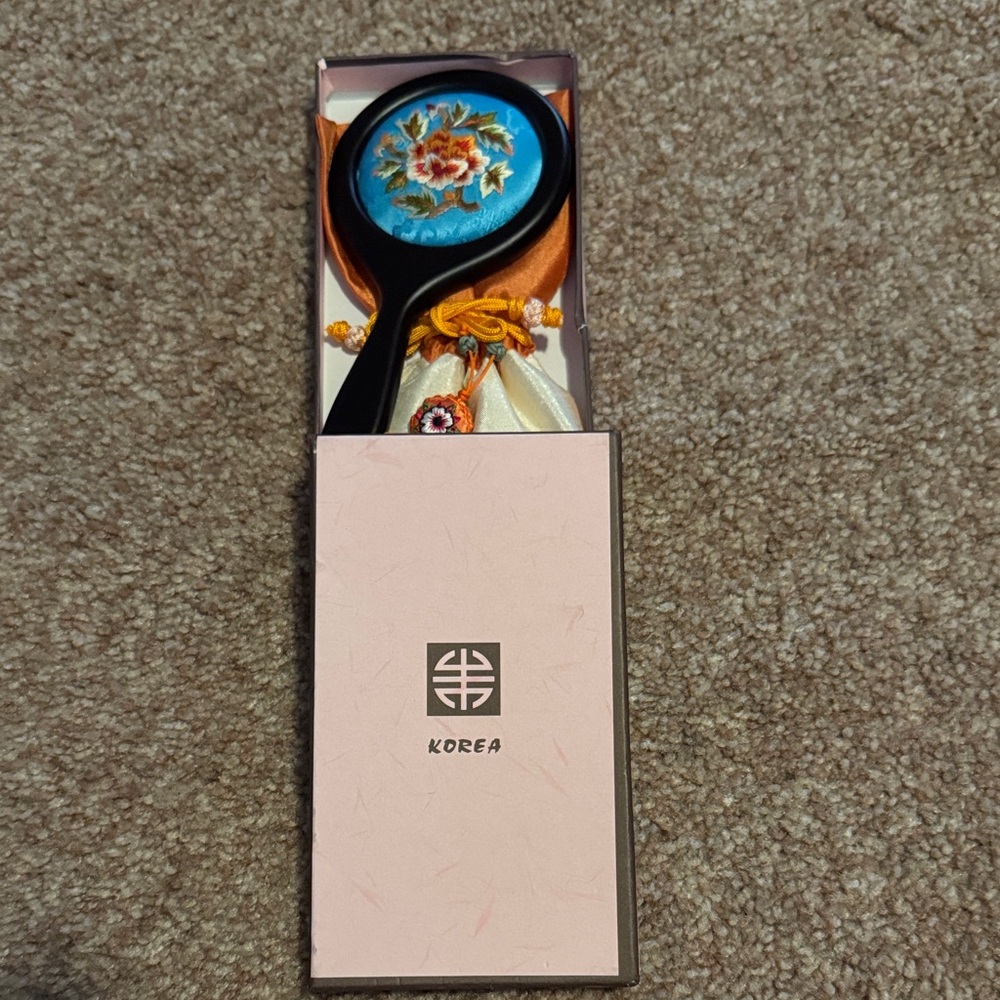 Korean Embroidered Hand Mirror with Floral Motif - Turquoise & Black